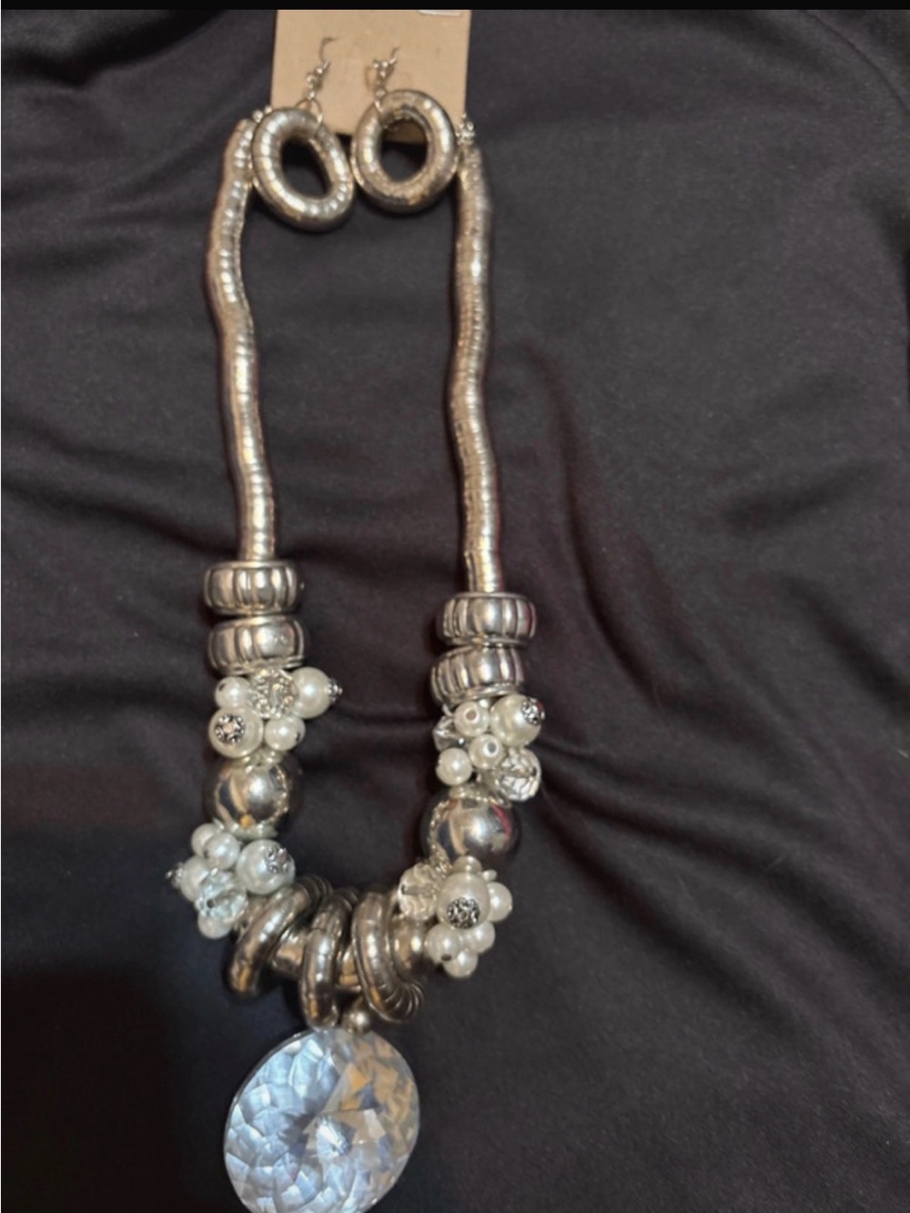 Silver-Tone Pearl & Crystal Cluster Statement Necklace